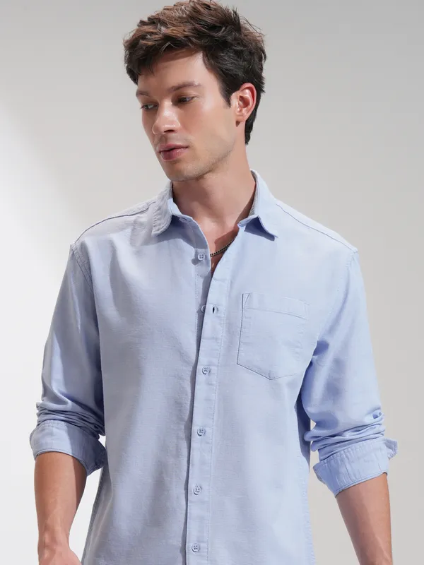 Highlander Men Blue Self Design Relaxed Fit Casual Shirt