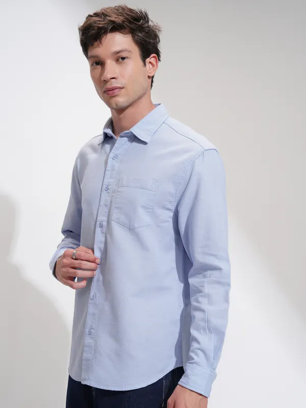 Highlander Men Blue Self Design Relaxed Fit Casual Shirt