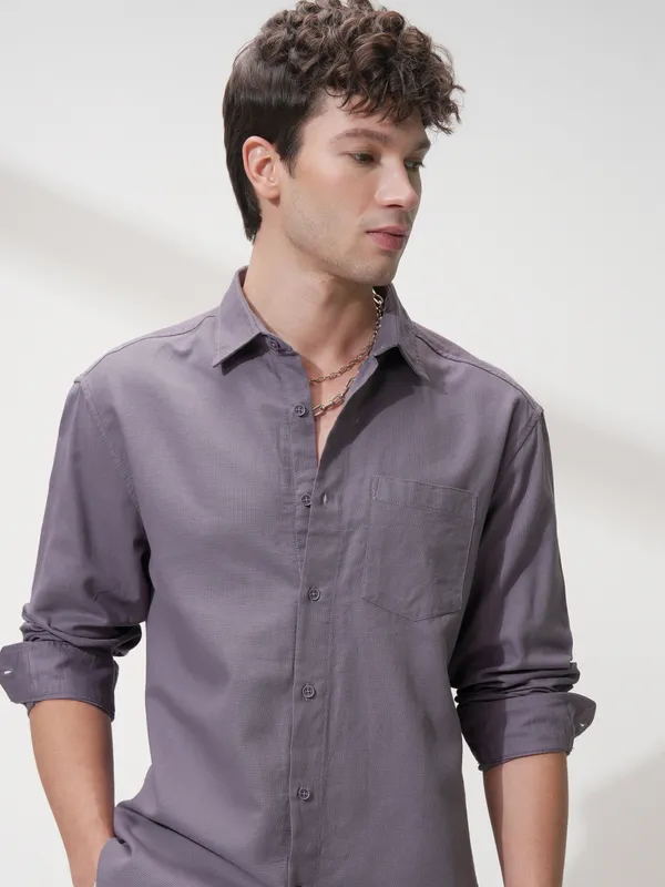 Highlander Men Purple Self Design Relaxed Fit Casual Shirt