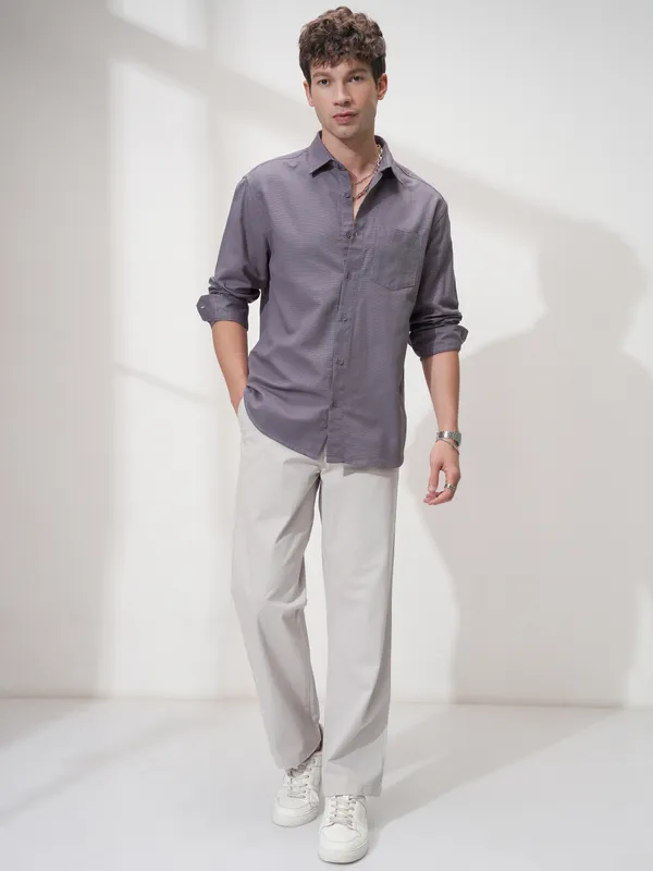 Highlander Men Purple Self Design Relaxed Fit Casual Shirt