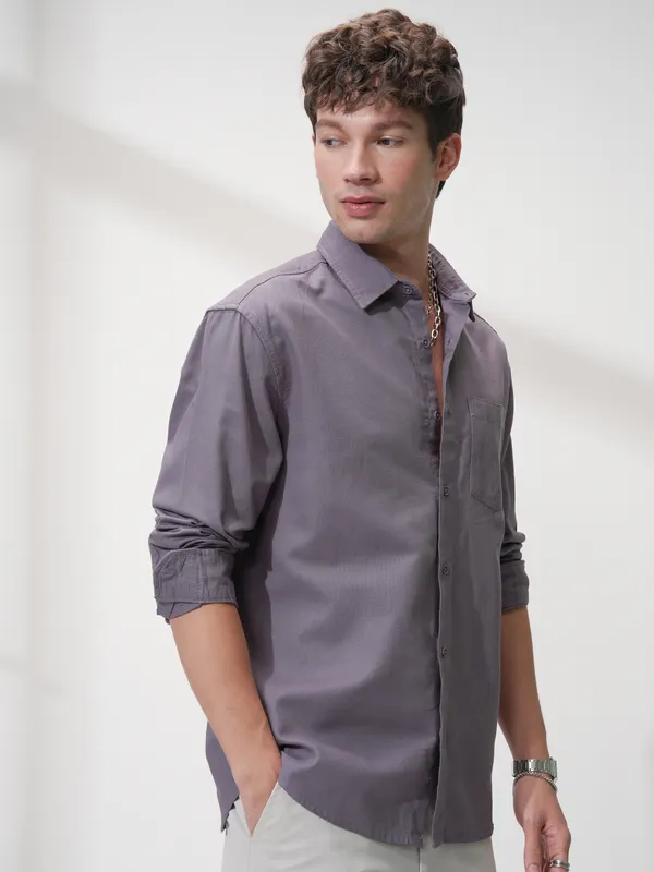 Highlander Men Purple Self Design Relaxed Fit Casual Shirt