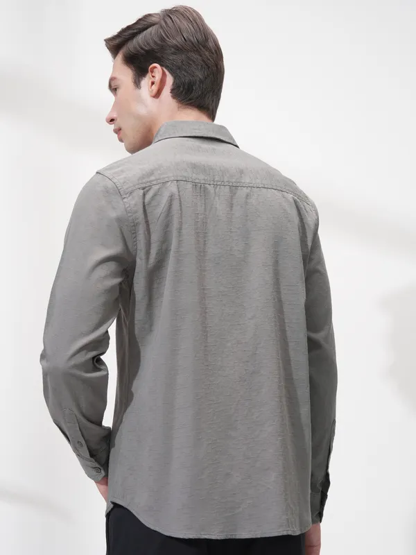 Highlander Men Grey Self Design Slim Fit Casual Shirt
