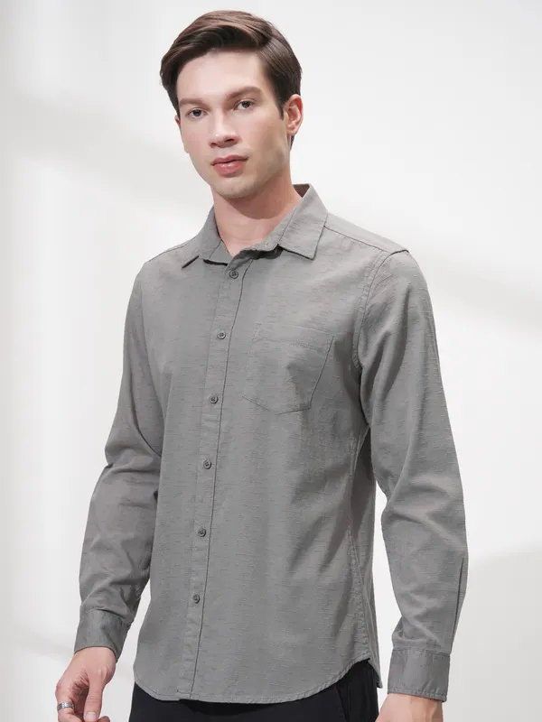 Highlander Men Grey Self Design Slim Fit Casual Shirt