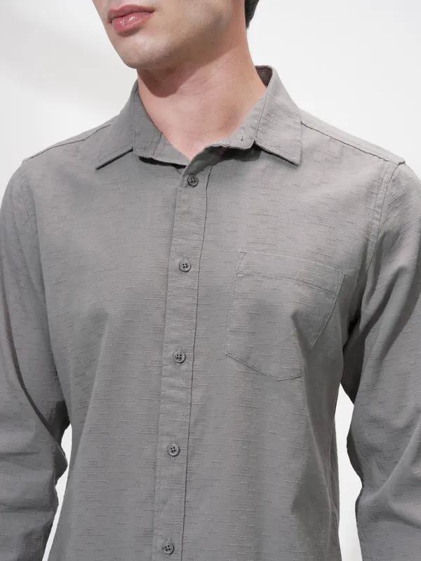 Highlander Men Grey Self Design Slim Fit Casual Shirt