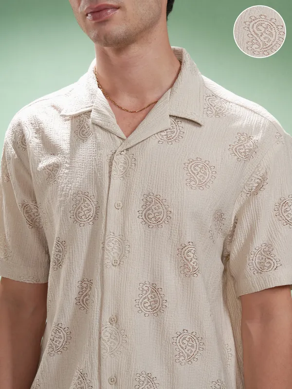 Highlander Men Beige Self Design Relaxed Fit Casual Shirt
