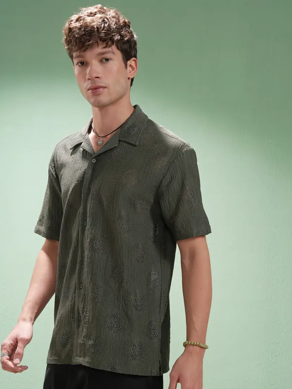 Highlander Men Green Printed Relaxed Fit Casual Shirt