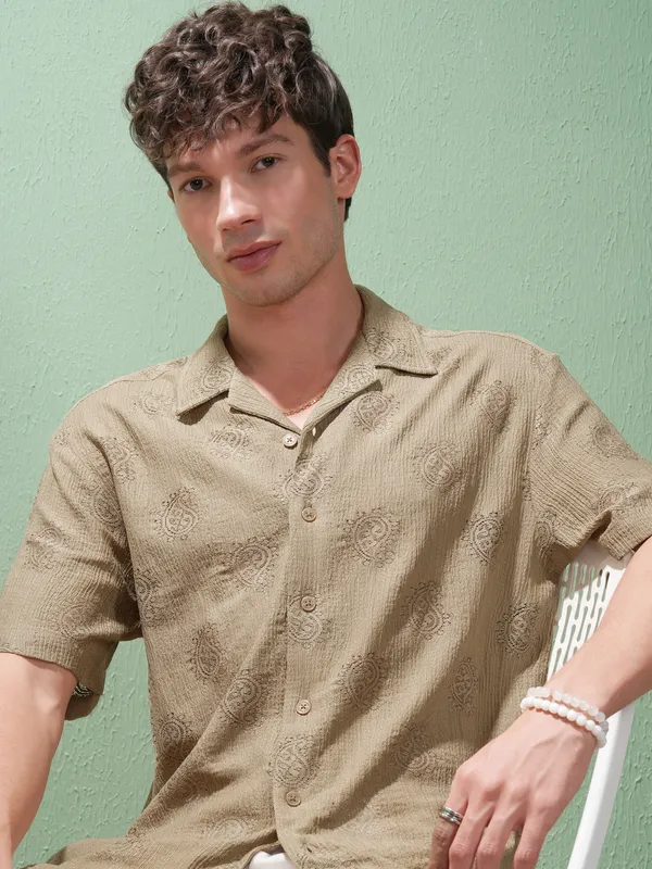 Highlander Men Khaki Self Design Relaxed Fit Casual Shirt