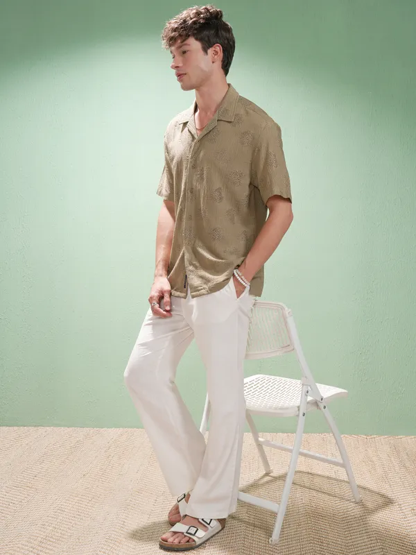 Highlander Men Khaki Self Design Relaxed Fit Casual Shirt