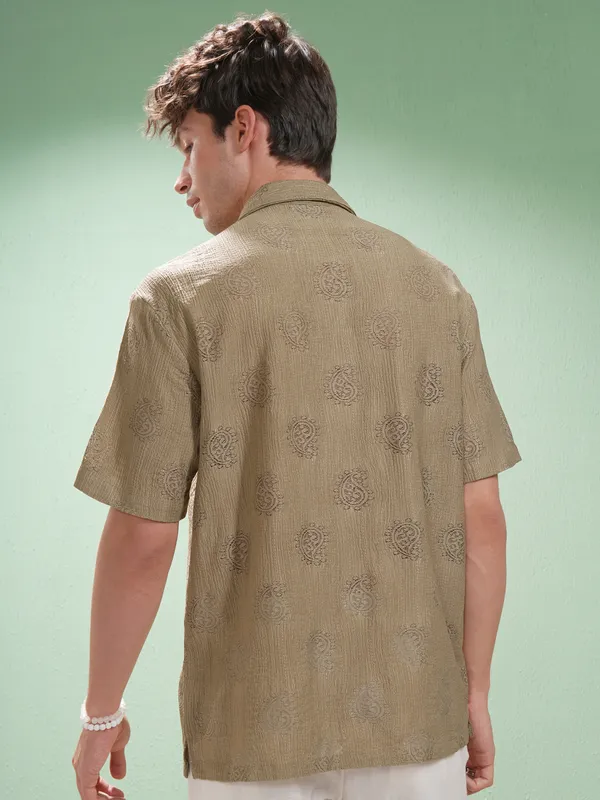 Highlander Men Khaki Self Design Relaxed Fit Casual Shirt