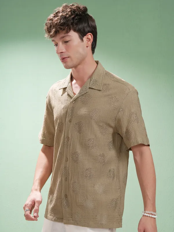 Highlander Men Khaki Self Design Relaxed Fit Casual Shirt