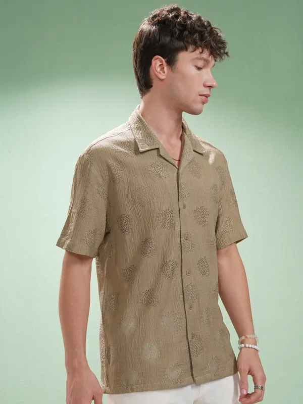 Highlander Men Khaki Self Design Relaxed Fit Casual Shirt