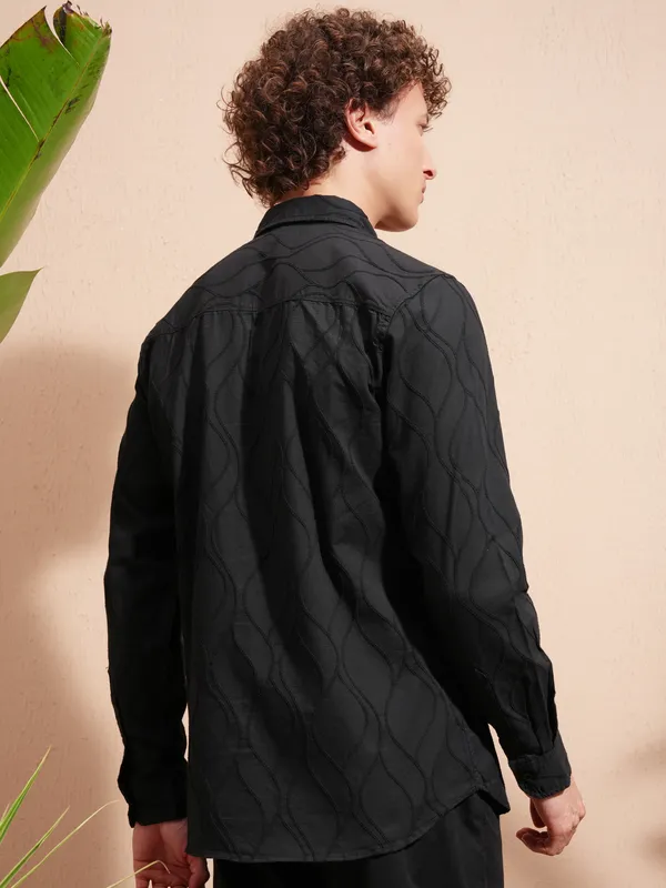 Highlander Men Black Self Design Slim Fit Casual Shirt