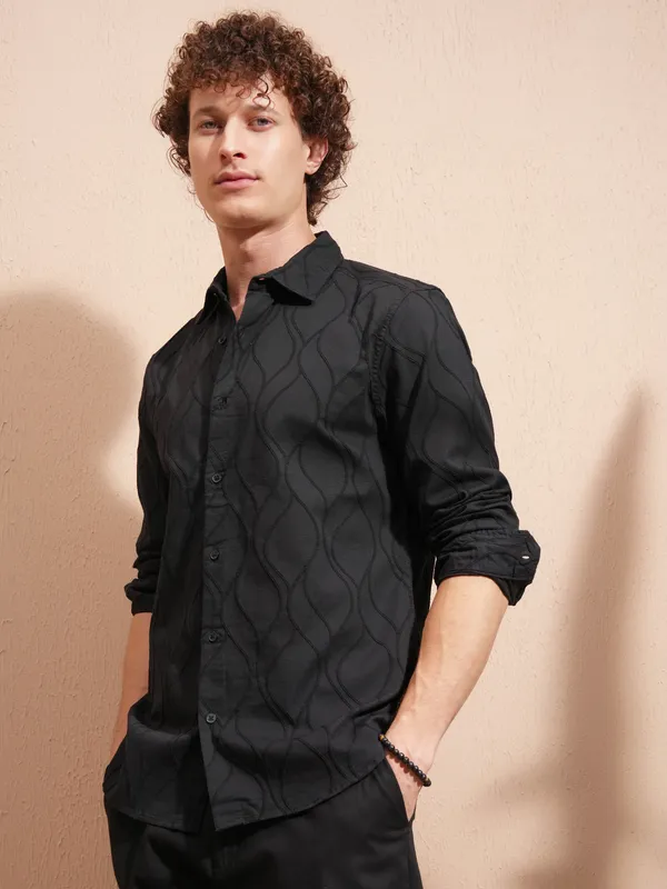 Highlander Men Black Self Design Slim Fit Casual Shirt