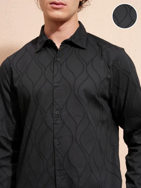 Highlander Men Black Self Design Slim Fit Casual Shirt