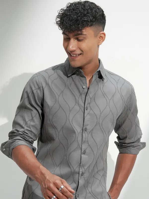 Highlander Men Grey Self Design Slim Fit Casual Shirt