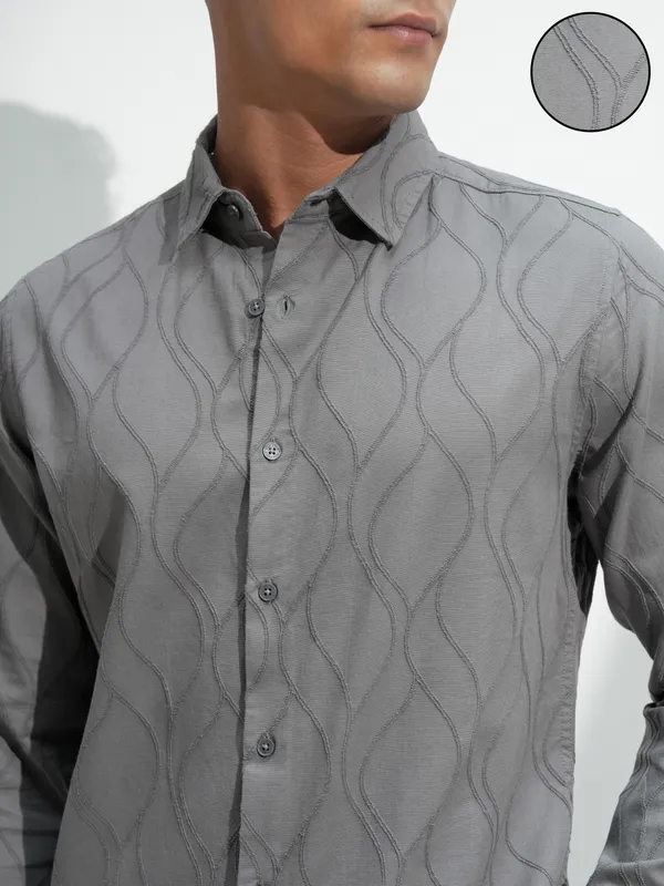 Highlander Men Grey Self Design Slim Fit Casual Shirt