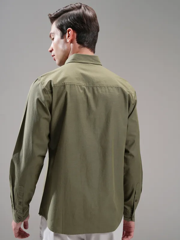 Highlander Men Olive Self Design Slim Fit Casual Shirt