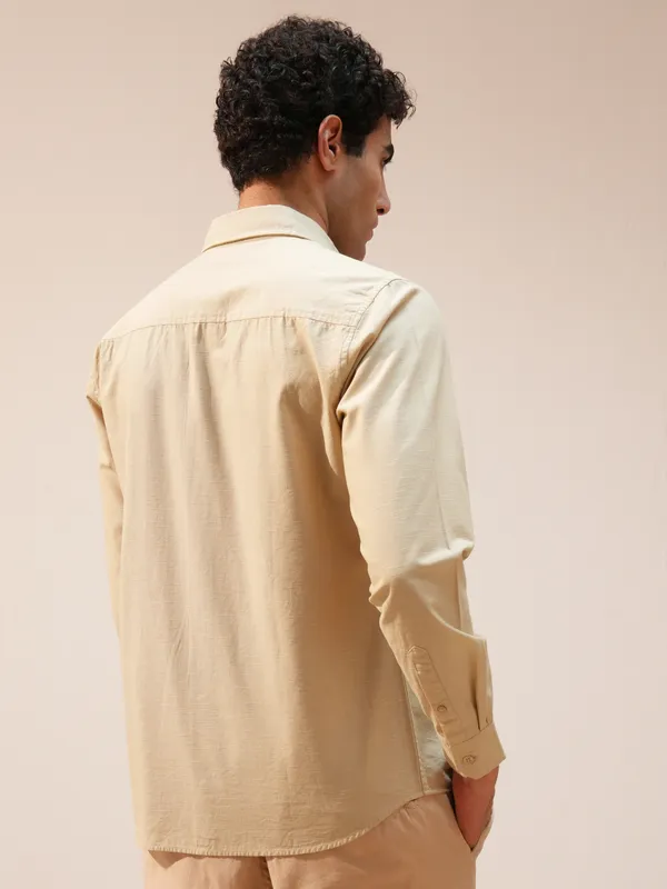 Highlander Men Beige Self Design Slim Fit Casual Shirt