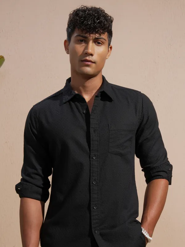 Highlander Men Black Self Design Slim Fit Casual Shirt
