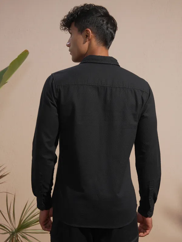 Highlander Men Black Self Design Slim Fit Casual Shirt