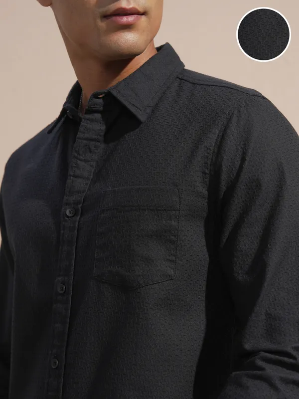 Highlander Men Black Self Design Slim Fit Casual Shirt