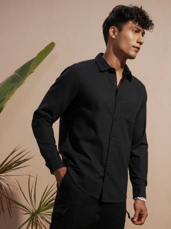 Highlander Men Black Self Design Slim Fit Casual Shirt