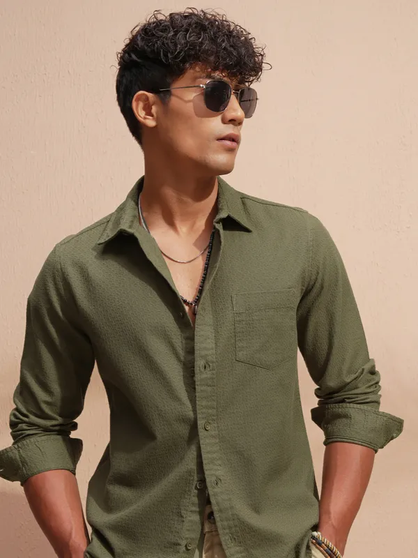 Highlander Men Olive Self Design Slim Fit Casual Shirt