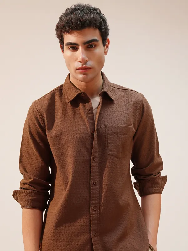 Highlander Men Brown Self Design Slim Fit Casual Shirt