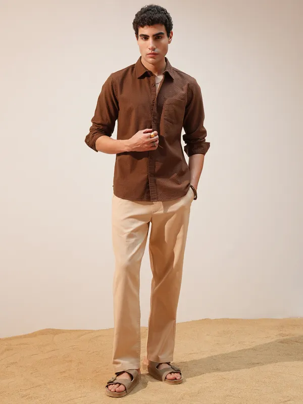 Highlander Men Brown Self Design Slim Fit Casual Shirt