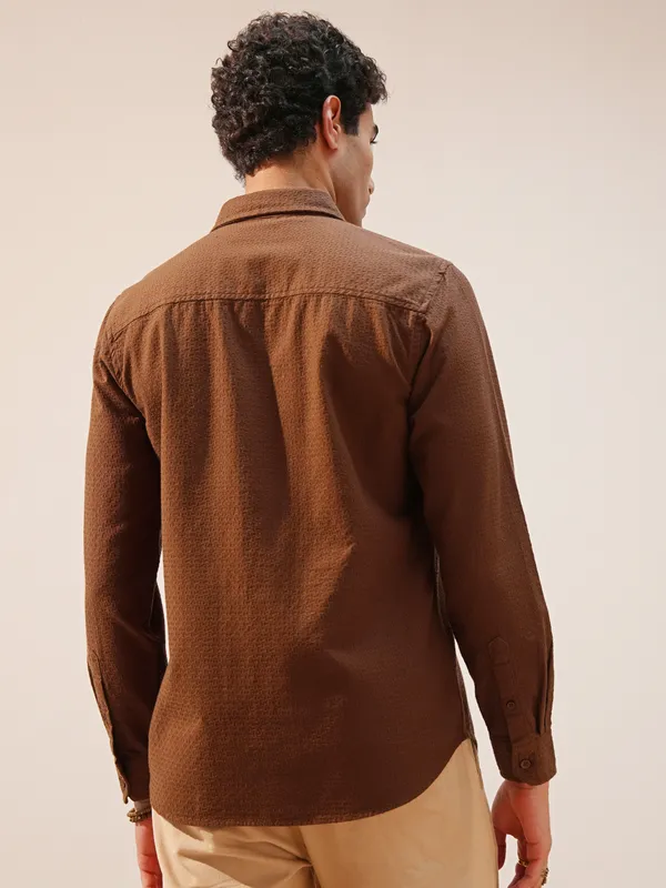 Highlander Men Brown Self Design Slim Fit Casual Shirt