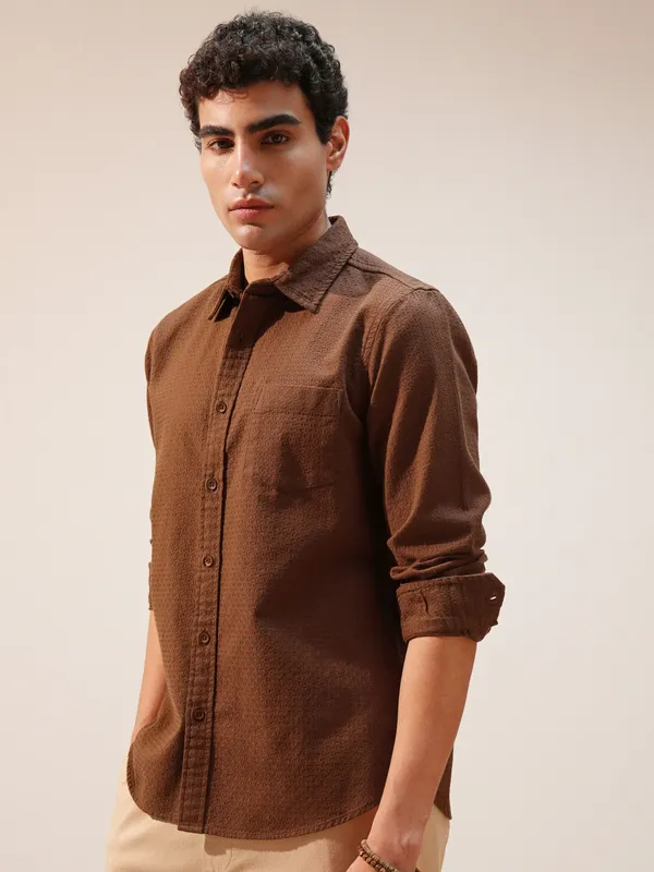 Highlander Men Brown Self Design Slim Fit Casual Shirt