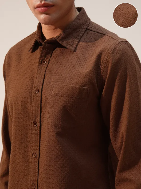 Highlander Men Brown Self Design Slim Fit Casual Shirt