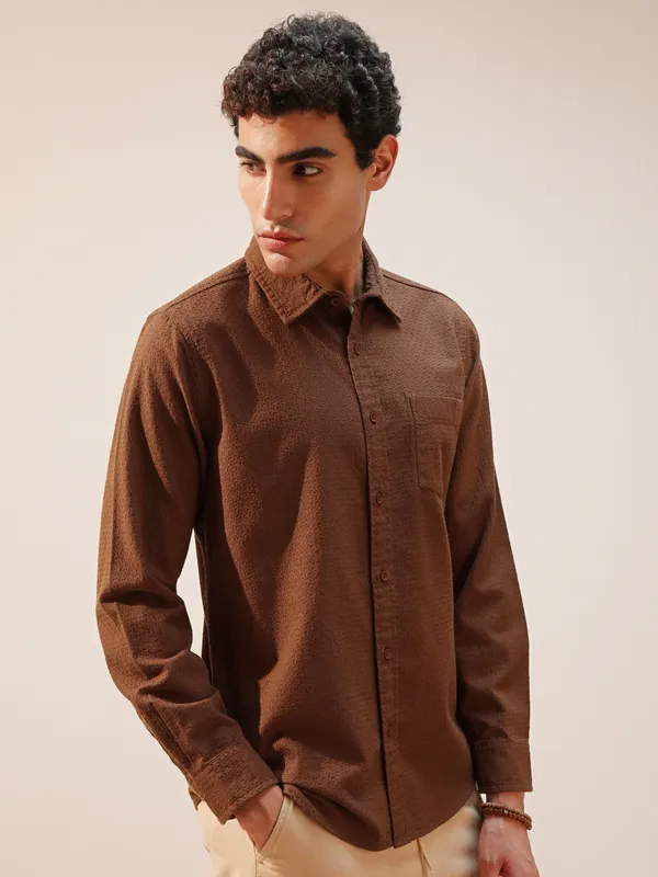 Highlander Men Brown Self Design Slim Fit Casual Shirt