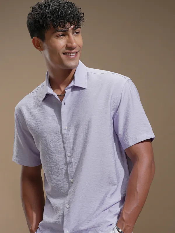 Highlander Men Lavender Self Design Relaxed Fit Casual Shirt