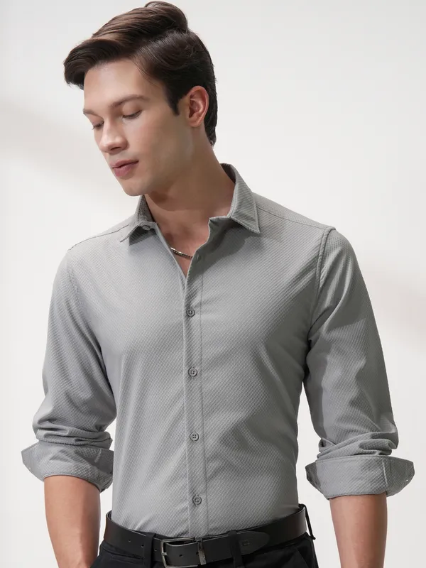 Highlander Men Grey Self Design Slim Fit Casual Shirt