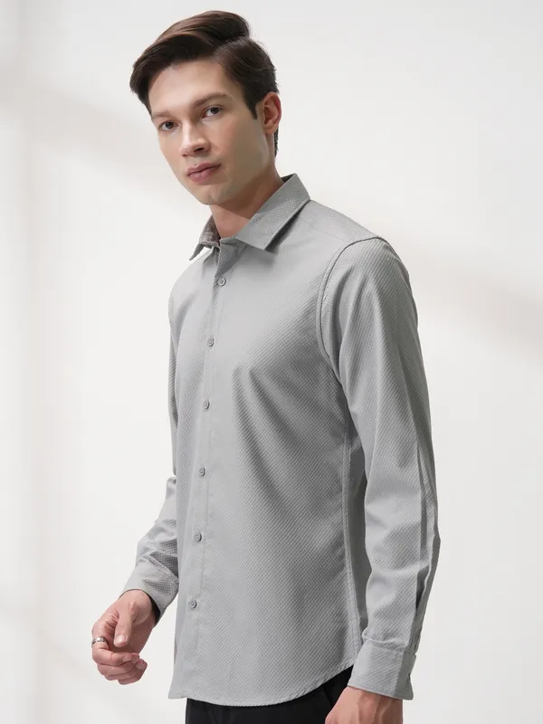 Highlander Men Grey Self Design Slim Fit Casual Shirt