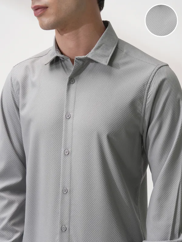 Highlander Men Grey Self Design Slim Fit Casual Shirt