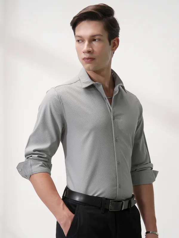 Highlander Men Grey Self Design Slim Fit Casual Shirt