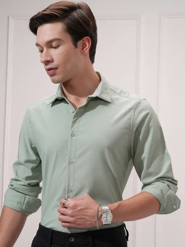 Highlander Men Green Self Design Slim Fit Casual Shirt