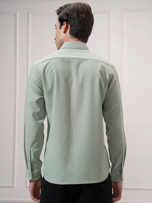 Highlander Men Green Self Design Slim Fit Casual Shirt