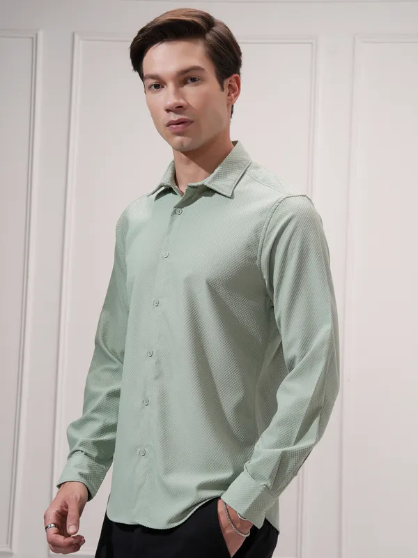 Highlander Men Green Self Design Slim Fit Casual Shirt