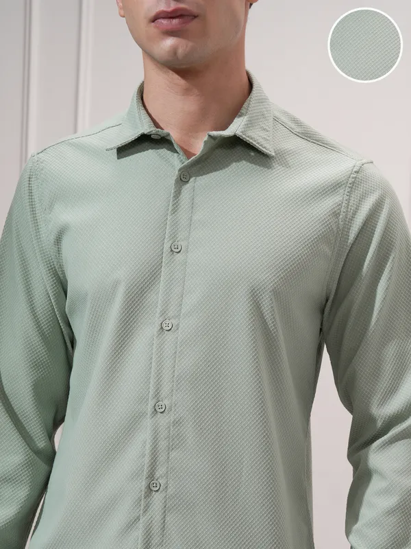Highlander Men Green Self Design Slim Fit Casual Shirt