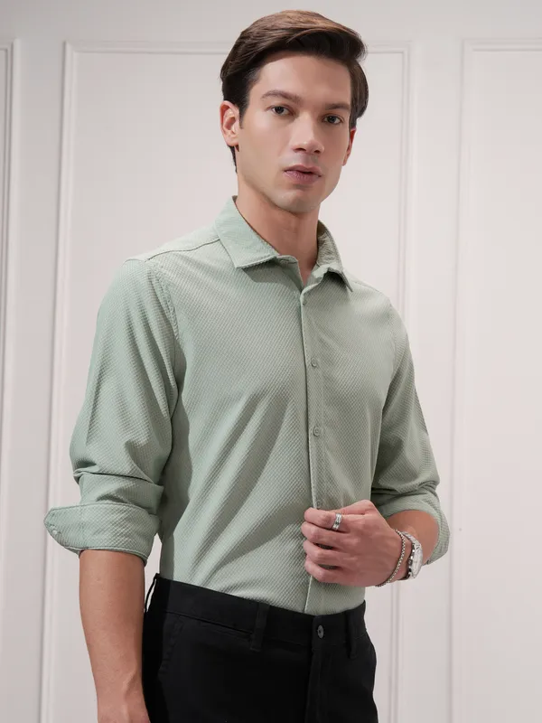 Highlander Men Green Self Design Slim Fit Casual Shirt