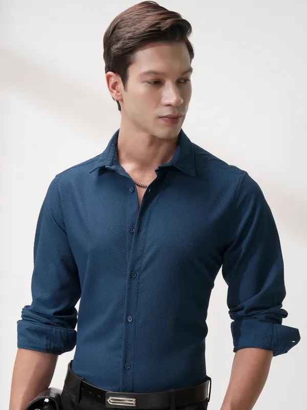 Highlander Men Blue Self Design Slim Fit Casual Shirt