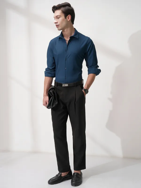 Highlander Men Blue Self Design Slim Fit Casual Shirt