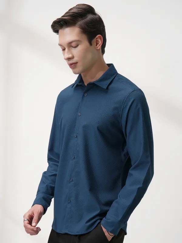Highlander Men Blue Self Design Slim Fit Casual Shirt