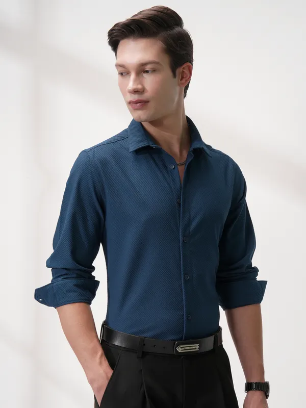 Highlander Men Blue Self Design Slim Fit Casual Shirt