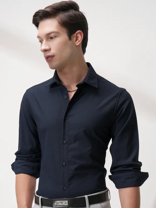 Highlander Men Navy Blue Self Design Slim Fit Casual Shirt