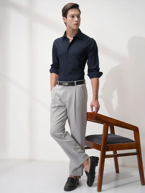 Highlander Men Navy Blue Self Design Slim Fit Casual Shirt