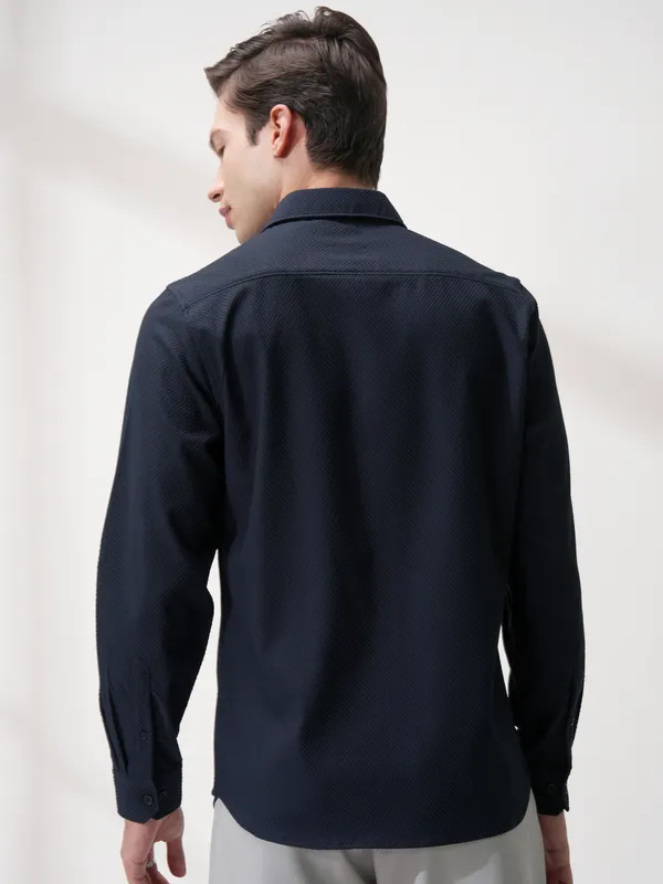 Highlander Men Navy Blue Self Design Slim Fit Casual Shirt